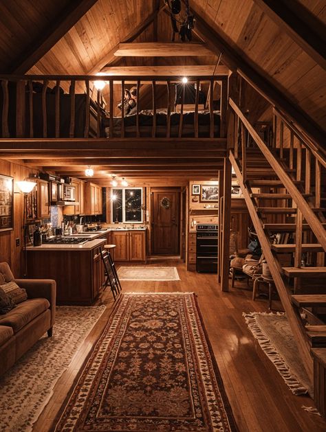 Cozy Cabin Loft 🪵🛋️ Small Cabin Loft Bedroom, Aesthetic Cabin Interiors, Large Cabin Interiors, Aesthetic Cabin House, Cozy Cabin Layout, Upstate New York Cabin, Fantasy Cabin Interior, Cozy Cabin Vibes, Cabin In The Woods Interior