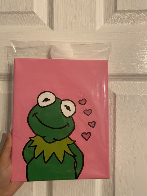 Muppet Painting, Cartoon Aesthetic Painting, Muppets Painting, Kermit Painting, Funny Painting Idea, Funny Cartoon Drawings, Trippy Wall Art, Trippy Wall, Funny Paintings