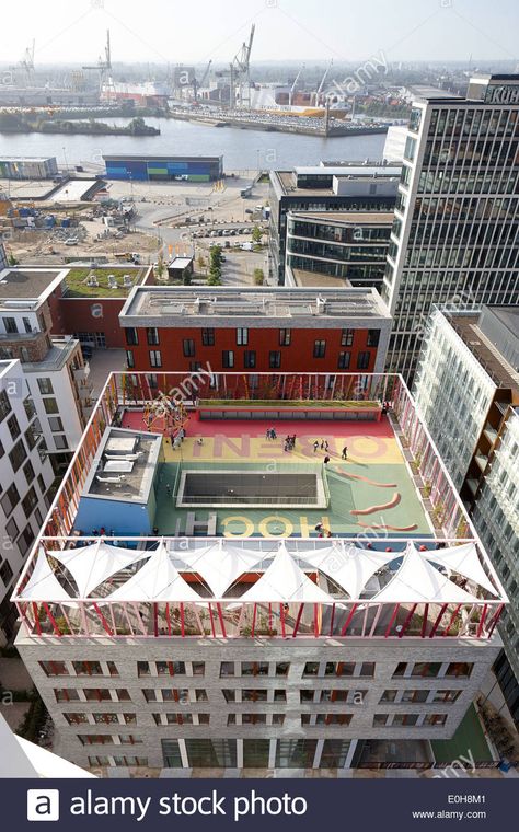 School Playground On The Roof Of Katharinen School, Hafencity Stock Photo, Royalty Free Image: 69221489 - Alamy Roof Playground, Rooftop Playground, School Rooftop, Playgrounds Architecture, Roof Garden Design, Rooftop Terrace Design, Rooftop Design, Roof Architecture, School Playground