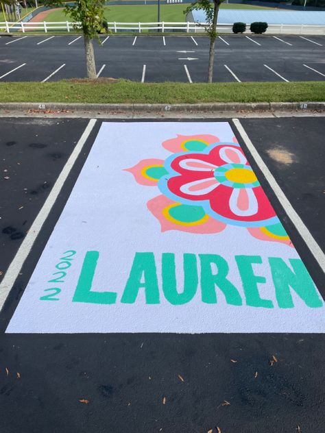 Cute Senior Parking Spot Ideas Pink, How To Paint Senior Parking Space, Flower Senior Parking Spots, Simple Parking Spot Painting Ideas, Senior Parking Spaces Easy, Unique Parking Spot Paintings, High School Parking Lot Painting, Senior Parking Spaces Funny, Highschool Parking Spot Ideas