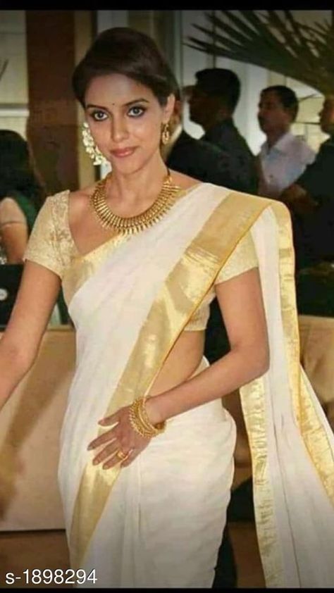 Linen Saree Rs.1955/- free COD WhatsApp +919730930485 Golden Saree Look, Onam Hairstyles For Women, Onam Hairstyles, Kerala Traditional Saree, Kerala Kasavu Saree, Kerala Saree Blouse Designs, Festive Saree, Kasavu Saree, Golden Saree