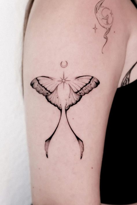 Moth Tattoos Ideas, Luna Moths Tattoos, Lace Moth Tattoo, Moth With Moon Tattoo, Luna Moth Tattoo Simple, Spanish Moon Moth Tattoo, Fineline Moth Tattoo, Underboob Moth Tattoo, Tattoo Luna Moth