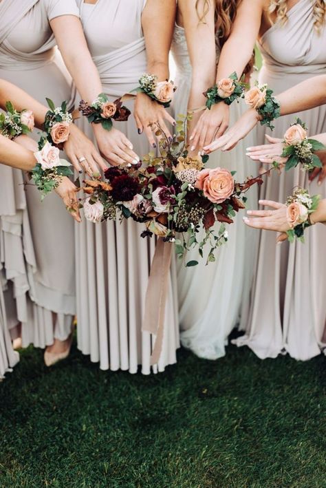 Wrist Corsages | Bridesmaids with Floral Accessories and Bride Bouquet | By Liene Petersone Photography | Wedding Flowers | Bridal Party Wrist Corsage Bridesmaid, Bridesmaids Corsages Instead Of Bouquet, Corsage For Bridesmaids, Wedding Corsage Alternative, Corsage Wedding Bridesmaid, Bridesmaid With Corsage, Bridesmaids With Corsages, Wrist Corsage Wedding Bridesmaid, Bride No Bouquet