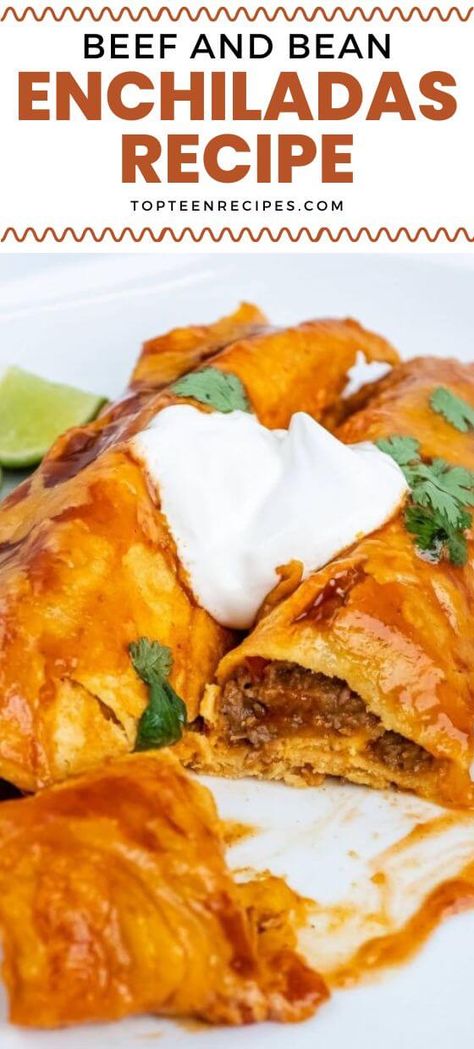 Beef and Bean Enchiladas Recipe - Top Recipes Beef Bean And Cheese Enchiladas, Enchiladas Beef And Bean, Beef And Bean Enchiladas, Flour Tortilla Enchiladas, Bean And Cheese Enchiladas, Beef Burrito Recipe, Food Authentic, Ground Beef Enchiladas, Turkey Casserole