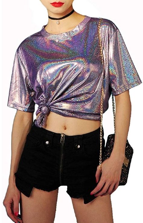 Women Glitter Shiny Metallic T Shirt Tank Tops Holographic Rave Festival Blouse (Purple) at Amazon Women’s Clothing store Holographic Shirt, Glitter Shirt, Party Blouse, American Girl Clothes, Purple T Shirts, Rave Festival, Blouse Material, T-shirts & Tank Tops, Round Neck Tops