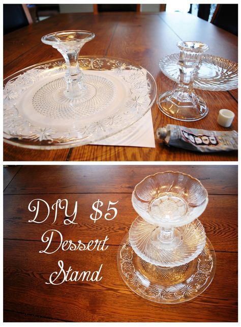 DIY $5 Tiered Dessert Stand instructions, using thrift store plates and dollar candlesticks! Spooky Farmhouse, Halloween Party Ideas Decorations, Dollar Store Candlesticks, Graveyard Halloween, Tiered Dessert Stand, Dollar Store Halloween Decorations, Diy Cake Stand, Table Centerpieces Diy, Diy Wedding Reception