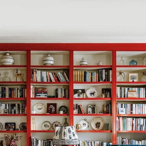 Red Built Ins, Red Built In Bookshelves, Red Bookshelves, Built In Bookshelves Living Room, Diy Built In Bookcase, Hallway Shelves, Study Bookshelves, Living Room Bookshelves, Loft Study