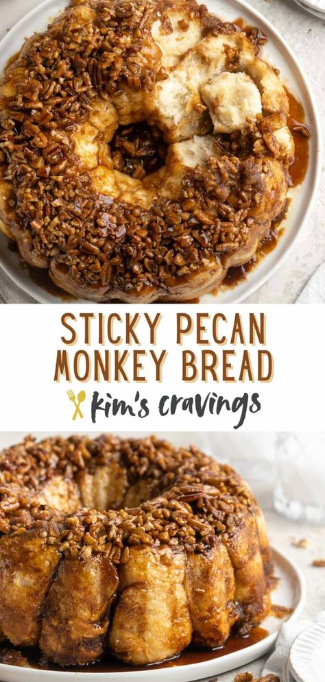 Delicious Sticky Pecan Monkey Bread is a perfectly soft, ooey-gooey pull-apart brunch treat that's super easy to make! This recipe requires just 5 ingredients and 10 minutes of prep time. Your whole family will go crazy for this sweet pastry that will be the hit of any breakfast or brunch! Individual Monkey Bread, Monkey Bread From Scratch, Pull Apart Monkey Bread, Pecan Monkey Bread, Monkey Breads, Monkey Bread Recipe Easy, Pull Aparts, Easy Monkey Bread, Frozen Dinner Rolls