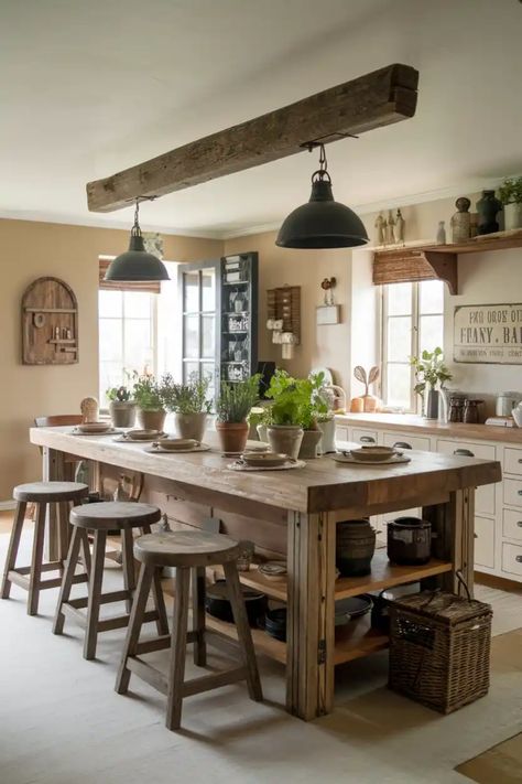 Rustic kitchen with a wooden island, stools, potted plants, and hanging lights. Farmhouse Table Island, Kitchen Island Raised Bar, Rustic Kitchen Island With Seating, Kitchen Island With Post, Kitchen Island Tables, Kitchen Bar Island, Kitchen Island Seating, Island Seating, Island Chairs