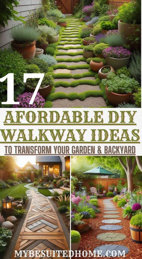 Looking for budget-friendly DIY walkway ideas for your garden or backyard? We've got you covered! Explore 17 creative options using materials like gravel, mulch, stepping stones, and more. Find inspiration to design beautiful and affordable walkways that enhance your outdoor space. #diywalkwayideas #gardenwalkwayideas #backyardwalkwayideas Short Walkway Ideas, Creative Garden Paths Walkway Ideas, Front Pathway Landscaping, Path Way Design, Mulch Walkway Ideas, Diy Cobblestone Walkway, Garden Paths And Walkways Cool Ideas, Stepping Stone Patio Ideas, Paved Walkway Ideas