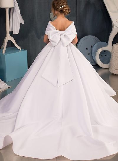 Ball-Gown Off-The-Shoulder Satin Flower Girl Dresses With Bow(s) Girls Birthday Dresses, Satin Flower Girl Dresses, Dresses With Bow, Satin Flower Girl Dress, Ball Gowns Princess, First Communion Dress, First Communion Dresses, Tulle Flower Girl, White Flower Girl Dresses