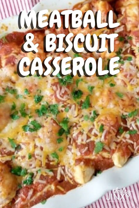 This Italian Meatball and Biscuit Casserole Bake is an easy dinner recipe made with meatballs, a can of refrigerator biscuits, pasta sauce and lots of cheese! It's a family favorite.rnrn#casserole #pastabake #easydinner #dinner #dinnerrecipe #familymeals Grand Biscuit Recipes, Refrigerator Biscuits, Biscuit Recipes Dinner, Apartment Meals, Meatball Casserole Recipe, Biscuit Casserole, Casserole Bake, Hotdish Recipes, Biscuits Casserole