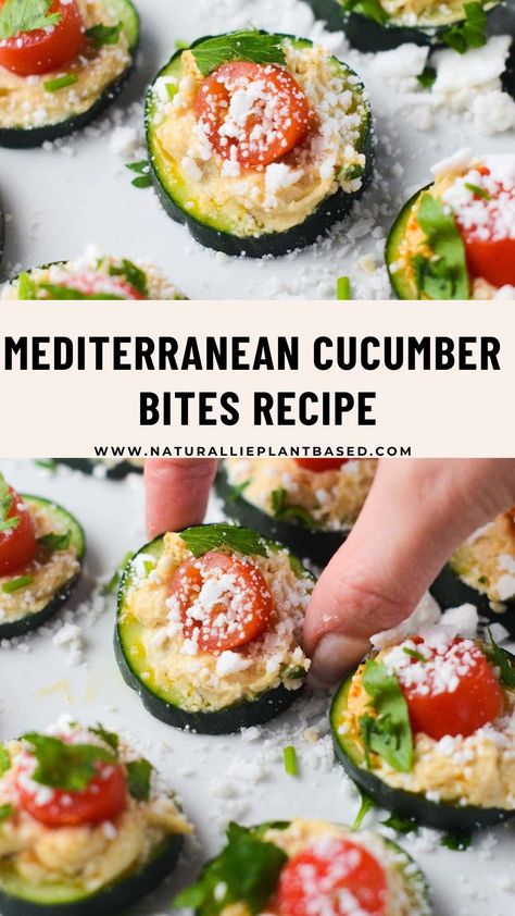 Mediterranean Appetizers Appetizer Ideas, Cherry Tomato Feta, Cherry Tomatoes Feta, Feta Crumbles, Mediterranean Cucumber, Mediterranean Hummus, Hummus Appetizers, Cucumber Snacks, Mediterranean Appetizers