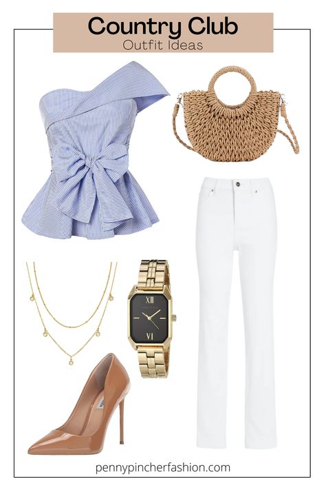 Country Club Casual Attire Women’s Country Club Attire, Country Club Easter Outfit, Casual Country Club Outfit, Yacht Club Dinner Outfit, Country Club Style Women, Summer Country Club Outfits, Yacht Attire Women, Country Club Attire Women Outfits, Boat Show Outfits Women