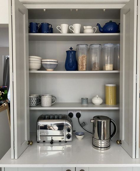 Toaster Cupboard, Coffee Cupboard, Breakfast Cupboard, Cupboard Ideas, Breakfast Station, Real Kitchen, Toasters, Kitchen Pantry Cabinets, New Farm