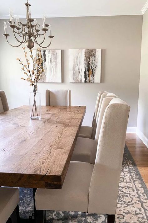 Modern Dining Room | Beige Dining Chairs | Neutral Dining Room Kelly Clarkson Dining Room Furniture, Dining Room Beige Chairs, Beige Dining Room Ideas Modern, Neutral Living Dining Room, Gray Wall Dining Room Ideas, Dining Room Beige Walls, Beige Chairs Dining, Tan And White Dining Room, Dining Room 8 Chairs