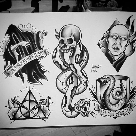 Harry Potter Tattoo Flash, Money Tattoos, Desenhos Old School, Hp Tattoo, Potter Tattoo, Harry Potter Pin, Desenhos Harry Potter, Harry Potter Tattoos, Harry Potter Tattoo