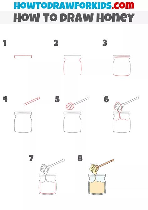 How to Draw Honey - Easy Drawing Tutorial For Kids Honey Jar Drawing, Honey Pot Drawing, Honey Drawing, Honey Bee Drawing, Diy Drawings, Honey Illustration, Draw Food, Bulletin Journal, Bee Drawing