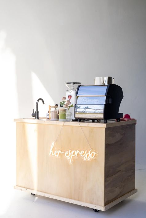 Cute Coffee Cart Ideas, Coffee Cart Photoshoot, Pop Up Coffee Bar, Mobile Coffee Cart Ideas, Wedding Coffee Cart, Coffee Cart Design, Coffee Cart Ideas Business, Small Coffee Shop Ideas, Coffee Cart Ideas