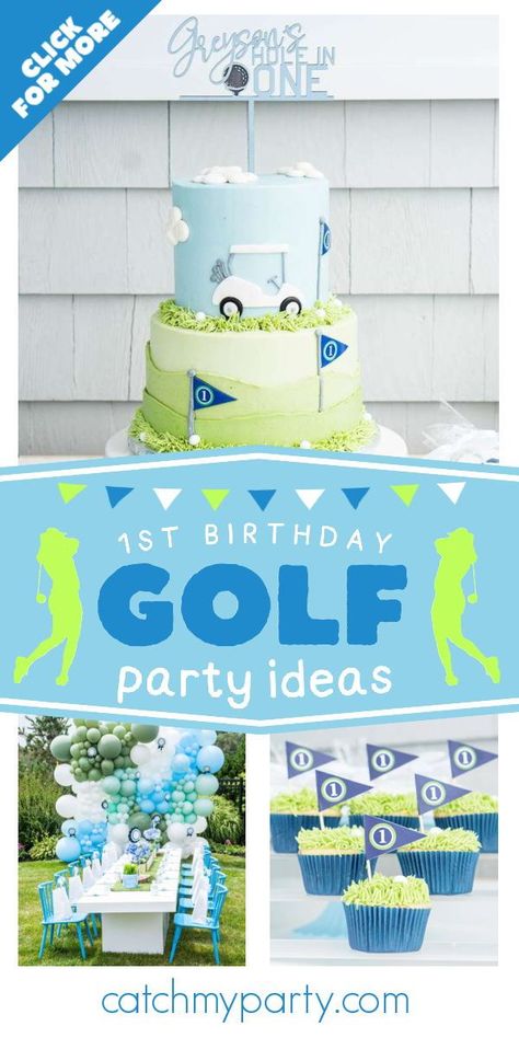 Take a look at this cute golf-themed 1st birthday party! The cupcakes are wonderful! See more party ideas and share yours at CatchMyParty.com Golf Theme One Year Old Party, Fore Golf Birthday Party, Golf Themed 1st Birthday Party, Hole In One First Birthday Cake, Hole In One First Birthday Food Ideas, Masters First Birthday Party, 1st Birthday Golf Theme, Golf Themed First Birthday Party, First Birthday Golf Theme