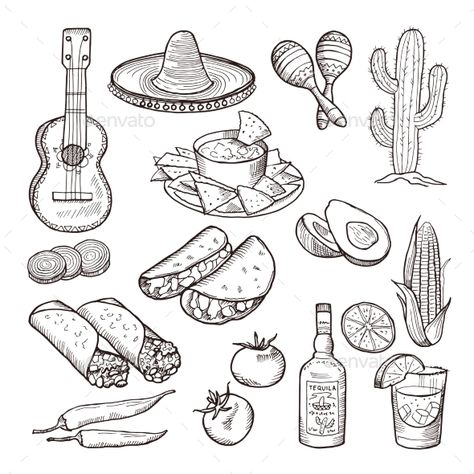 Mexican Culture Elements Tequila Tattoo Ideas, Mexican Symbols Tattoo, Sombrero Tattoo, Taco Tattoo, Mexican Illustration, Koch Tattoo, La Muerte Tattoo, Mexico Tattoo, Pink Hotel