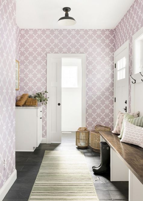 Our All-Time Favorite Mudroom Tile | Bria Hammel Interiors Wallpaper Mudroom, Mudroom Wallpaper, Fern Pillow, Hamptons Rug, Pink Laundry Rooms, Functional Mudroom, Entryway Tile, Style Me Pretty Living, The Tile Shop