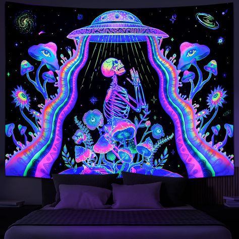 PRICES MAY VARY. UV/Black Light Reactive:The blacklight skull tapestry features clear and colorful patterns, the perfect combination of mysterious skulls, enchanting mushroom flowers and dreamy outer space to fill your room with outer space colors. In black light/UV it glows gorgeously dark. In normal light, colors are full and vivid. MATERIAL:Trippy mushroom floral tapestries is made of lightweight polyester fiber, soft and comfortable, lightweight and easy to hang. SIZE: M,H51.2"×W59.1" (130cm Space Tapestry, Blacklight Tapestry, Trippy Room, Trippy Room Decor, Witch Room Decor, Witch Room, Moon Tapestry, Indie Room Decor, Uv Reactive