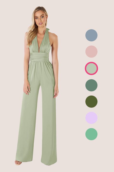 Skip the bridesmaid dress and opt for the chic and sleek comfort of our Oli jumpsuit, perfect for the modern bridesmaid. Go backless with our eye-catching deep V-neckline halter, featuring an elegant bow closure. We designed this with a pleated waistband and palazzo pants to keep you feeling breezy all night long. Bridesmaid Suits For Women, Bridesmaid Jumpsuit Wedding, Sage Bridesmaid Dress, Bridesmaid Jumpsuit, Bridesmaid Suits, Bridesmaids Jumpsuits, Bridesmaid Dresses Dusty Sage, Plus Size Bridal Dresses, Barn Party