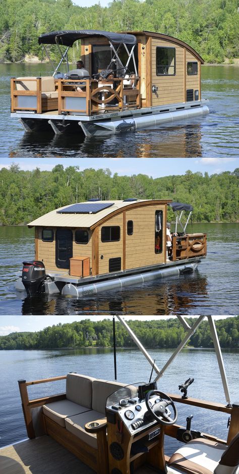 Diy House Boat, House Boat Living, Tiny House Boat, Boat Homes, Pontoon Houseboat, Party Boats, Shanty Boat, Mobil Design, Tiny Boat