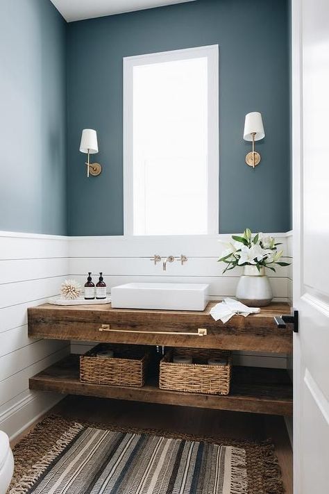 Rustic Powder Room, Reclaimed Wood Vanity, Blue Painted Walls, Shiplap Backsplash, Wood Sink, Cottage Bathroom, Bad Inspiration, Floating Vanity, Bathroom Trends