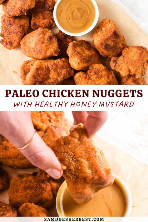 These paleo chicken nuggets are incredibly crispy on the outside and juicy on the inside. Impressively simple to make, this recipe is the healthier answer to your fast food craving. And don’t forget the healthy honey mustard – it’s just four ingredients and the PERFECT companion to these paleo chicken nuggets! Healthy Honey Mustard, Paleo Chicken Nuggets, Healthy Chicken Nuggets, Dairy Free Appetizers, Chicken Lunch Recipes, Healthy Honey, Slow Cooked Chicken, Nuggets Recipe, Paleo Recipes Easy