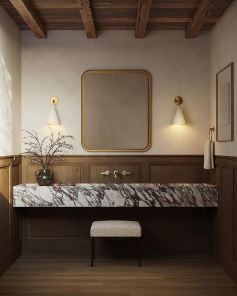 Marie Flanigan Interiors (@marieflaniganinteriors) • Instagram photos and videos Moody Limewash Bathroom, Marie Flanigan Interiors, Portola Paint, Built In Vanity, Marie Flanigan, Bathroom Sconces, Bath Ideas, House Beautiful, Interior Design Firm