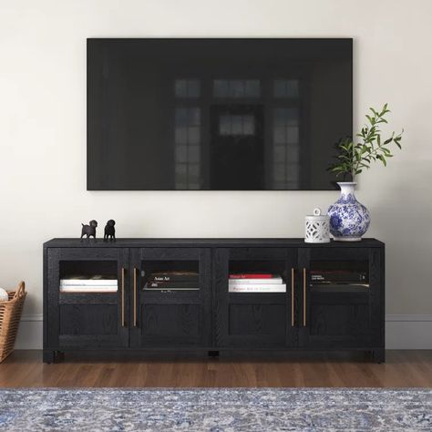 Lark Manor Armiya TV Stand for TVs up to 75" & Reviews | Wayfair Black Media Console, Black Tv Console, Black Tv Stand, Kitchen Sale, Media Console, Living Room Tv, Transitional Design, Room Table, Entertainment Center