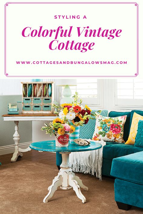 Pioneer Woman Inspired Living Room, Colorful Vintage Cottage, Pioneer Woman Living Room Ideas, Eclectic Shabby Chic, Colorful Coastal Cottage, Pioneer Woman Living Room, Vintage Cottage Living Room Ideas, Colorful Beach Decor, Colorful Cottage Decor