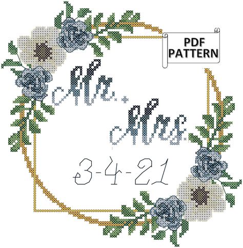 Cross Stitch Patterns Wedding, Last Name Cross Stitch, Mr And Mrs Cross Stitch Pattern, Free Wedding Cross Stitch Patterns, Cross Stitch Wedding Patterns, Wedding Cross Stitch Patterns Free, Engagement Cross Stitch, Wedding Sampler Cross Stitch, Modern Floral Wedding