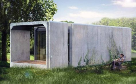 Some innovative ideas for providing good low-cost  housing for the homeless. Concrete Tiny House Design, Concrete Small House, Mini Concrete House, Concretecrotchkiss House, 3d Printed Concrete House, Low Cost Housing, Underground Homes, Concrete Houses, Precast Concrete