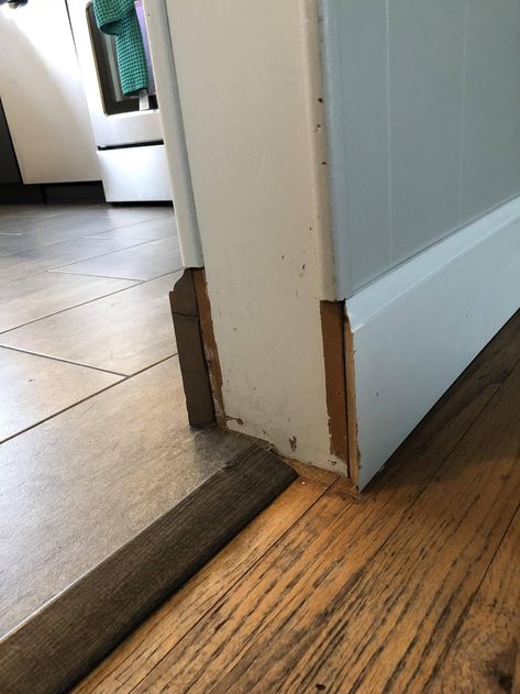 Mismatched baseboards tie in - Home Improvement Stack Exchange Stained Wood Baseboards, Baseboards And Trim, Baseboard Ideas, Wood Baseboard, Trim Carpentry, Baseboard Trim, Finish Work, Base Moulding, Floor Trim