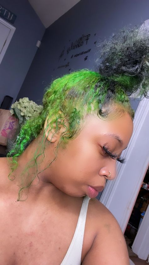 Natural Hair Black And Green Natural Hair, Black Hair With Lime Green Highlights, Green Hair Natural Hair, Neon Green Skunk Stripe Hair, Lime Green Skunk Stripe Hair, Green Dyed Hair Black Women, Green Hair Black Women Natural, Lime Green Hair Black Women, Black And Green Hair Black Women