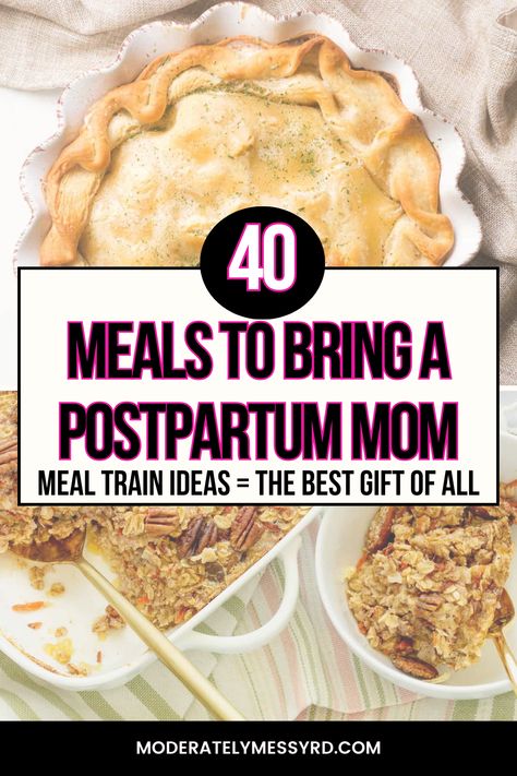 If you have a friend or family member who recently had a baby, bringing them an already prepared meal is often the greatest gift of all! This post features over 40 meal and snack ideas to make for a postpartum mom. Whether you have a small group of friends or you’re putting together a meal train, these are great options to help that new mom eat healthy, home-cooked meals after giving birth. She won’t have to worry about making dinner with a newborn or resort to takeout every night. Easy Meals For A New Mom, Desserts For New Moms, Best Freezer Meals For Postpartum, Postpartum Meals To Bring, Postpartum Meal Prep Ideas, Dinner For A New Mom, Post Labor Meals, Newborn Meals New Moms, Food For New Moms Dinners