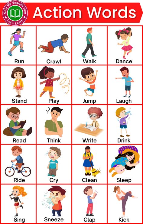 Action Words With Pictures, Action Words Worksheet, Verbs For Kids, Basic English Grammar Book, Teach English To Kids, Reading Comprehension For Kids, English For Kids, English Learning Books, Grammar For Kids