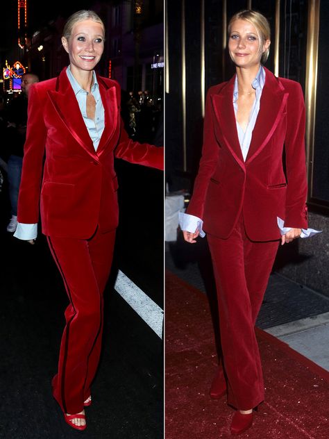 Gwyneth Paltrow Rewears Her Iconic Red Velvet VMAs Suit 25 Years Later to the Gucci Love Parade Red Velvet Suit Women, Red Velvet Blazer Outfit Women, Red Suit Outfit Women, Red Velvet Blazer Outfit, Bars Outfits, Styling Lookbook, Velvet Blazer Outfit, Red Velvet Blazer, Red Velvet Pants