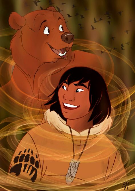 I had planned a picture of Kenai from Disney's Bear Brothers for a long time, but I only got around to it now. The picture shows both the human side and the bear side of Kenai. I hope you like the picture. Brother Bear Characters, Brother Bear Fanart, Hear Me Out Characters, Brother Bear Kenai, Kenai Brother Bear, Brother Bear Art, Disney Brother Bear, Bear Brothers, The Lion King Characters