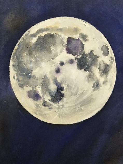 Watercolor Art Moon, Moon Sketchbook, Full Moon Watercolor, Moon Watercolor Painting, Celestial Painting, Galaxy Art Painting, Watercolour Moon, Moon Pastel, Moon Watercolor