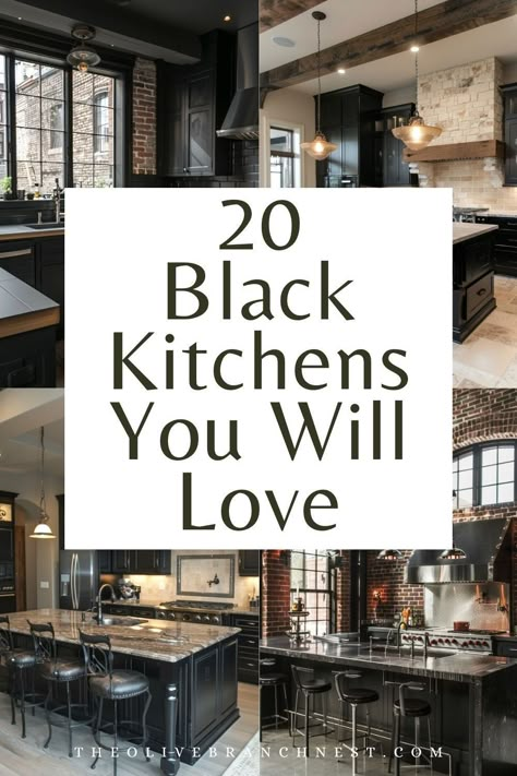 Step into the world of high-end design with black kitchen ideas that blend luxury with a bold aesthetic. Featuring sleek black cabinets against contrasting grey countertops, these designs create a moody ambiance perfect for those looking to make a statement in their home. Black Cabinets Kitchen With Granite, Black Cabinets Kitchen With Gold Hardware, Black Cabinets With Cream Countertops, Kitchens With Black Cupboards, Tricorn Kitchen Cabinets, Black Cabinets White Walls Kitchen, Black Cabinets Granite Countertops, Two Tone Kitchen Black And Wood, Black And Light Grey Kitchen