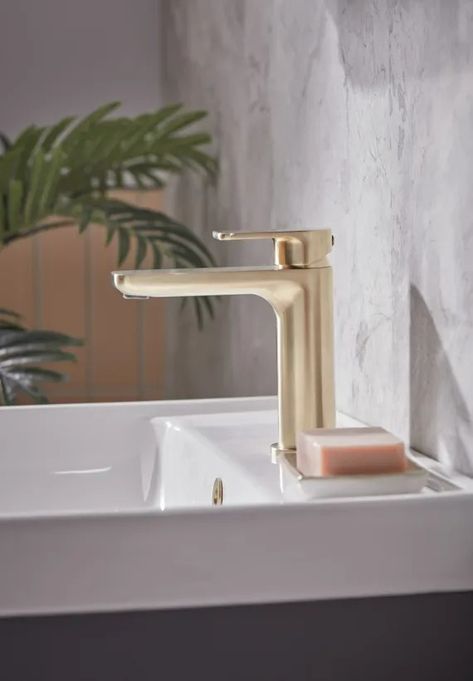 Savour Basin Mixer Brushed Brass Lifestyle 1 Wooden Bathroom Furniture, Black Bathroom Taps, Double Vanity Unit, Bathroom Mirror Design, Bathroom Furniture Design, Green Bathroom Furniture, Blue Bathroom Furniture, Bathroom Cabinets Designs, Shower Style