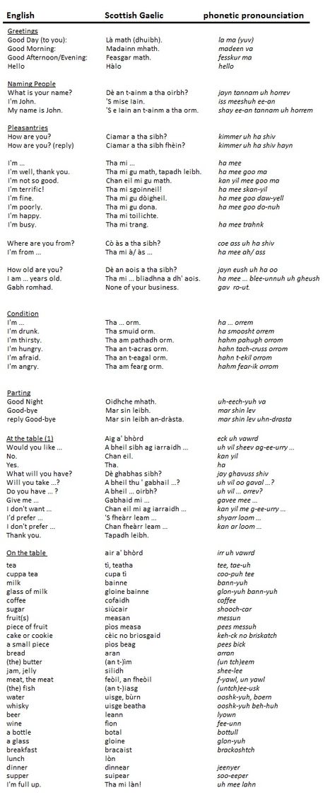 Some phrases in Scottish Gaelic - common greetings & at the table.  Most of the phrases are from the book "Everyday Gaelic" by Morag MacNeill Scottish Phrases Sayings, Scottish Language Gaelic Words, Gaelic Language Learning, Gaelic Words Scottish, Scots Gaelic Words, Learning Scottish Gaelic, Tattoos In Irish Gaelic Words, Learn Scottish Gaelic, Gaelic Quotes Scottish