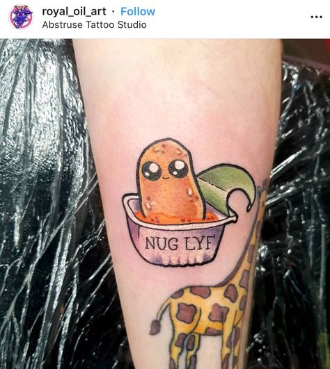 Chicken Nugget Tattoo, Nugget Tattoo, Chicken Tattoo, Army Tattoos, Food Tattoos, Chicken Nugget, Pink Cheeks, Matching Tattoo, Large Tattoos