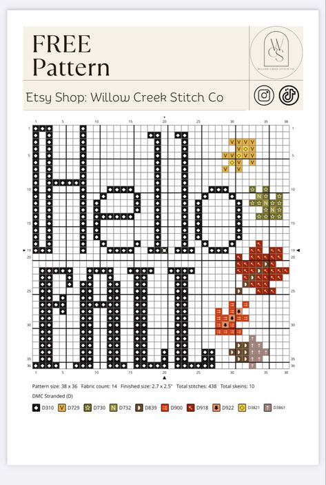 Cross stitch pattern, Free, Hello Fall DIY Decor Hello Fall Cross Stitch Pattern, New Home Cross Stitch Patterns, Hello Fall Cross Stitch, Fall Leaves Cross Stitch, September Cross Stitch, Free Autumn Cross Stitch Patterns, Autumn Cross Stitch Patterns Free Charts, Halloween Counted Cross Stitch Patterns, Cross Stitch Patterns Fall