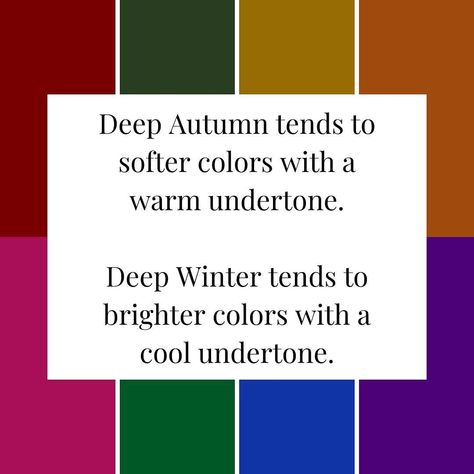 DEEP AUTUMN VS DEEP WINTER Comment “DEEP12” to learn more. What’s the difference in the dark seasons? 🌱 Warm vs cool undertones 🌱 Variations in contrast and intensity 🌱 Black or espresso? 🌱 Magenta vs rust Comment “DEEP12” for the in depth guide to distinguishing the dark seasons. #coloranalysis #coloranalyst #colouranalysisworks #colouranalysis #seasonalcoloranalysis #deepwinter #deepautumn #darkautumn #darkwintercolors #darkwinter #darkwinterpalette #darkautumncolors #darkautumnpalette... Warm Autumn Vs Deep Autumn, Deep Autumn Vs Deep Winter, Deep Winter Outfits, Deep Autumn Palette, Radiant Woman, Autumn Dark, Deep Autumn Color Palette, Autumn Palette, Deep Autumn