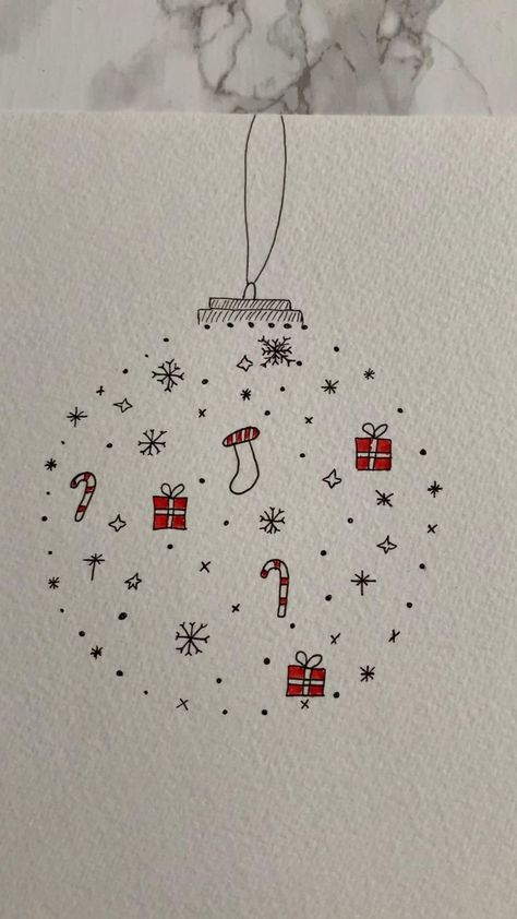 Christmas Pencil Drawings Easy, Drawing Christmas Ornaments, Happy Holidays Drawing, Christmas Card Diy Ideas, Happy Painting Weihnachten, Cute Christmas Things To Draw, Cute Christmas Cards Diy, Aesthetic Christmas Card Ideas, Christmas Cards Handmade Drawing